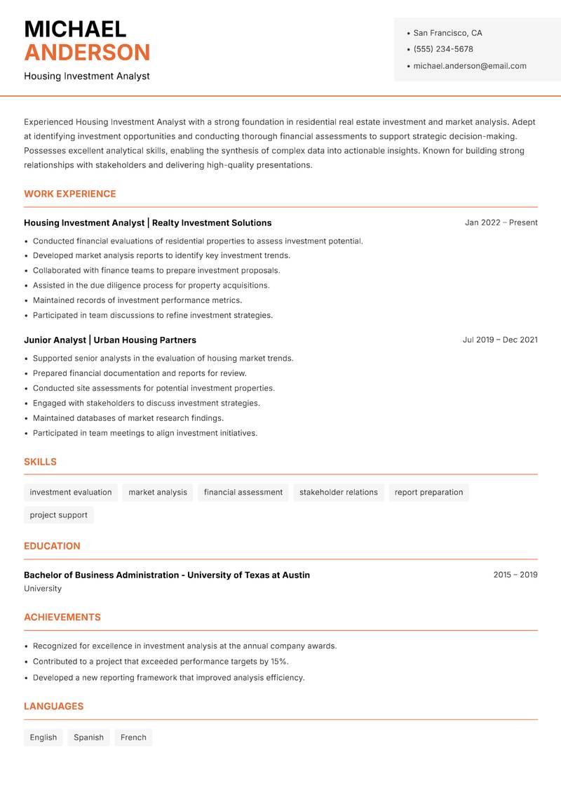 Housing Investment Analyst resume template — Modern Professional