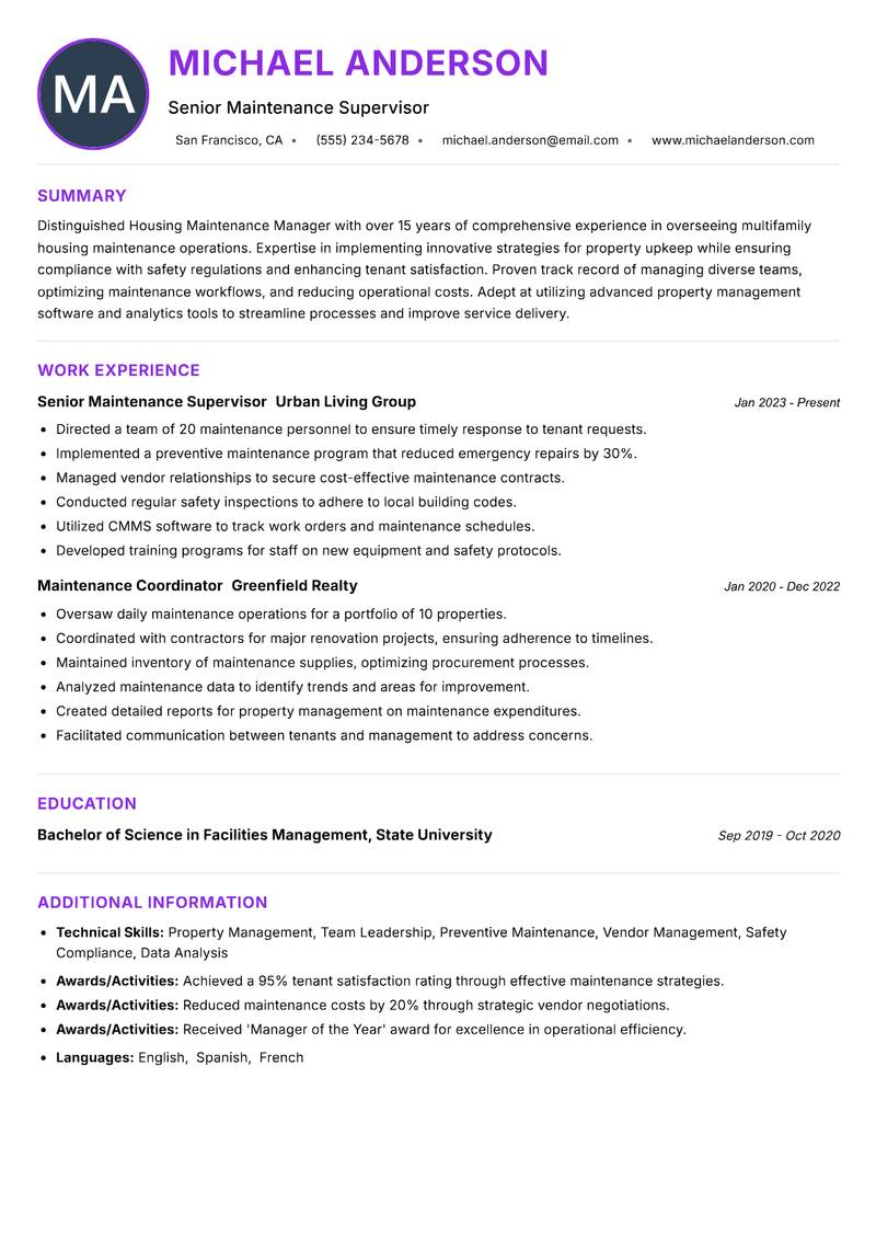 Housing Maintenance Manager resume example — ATS-friendly template