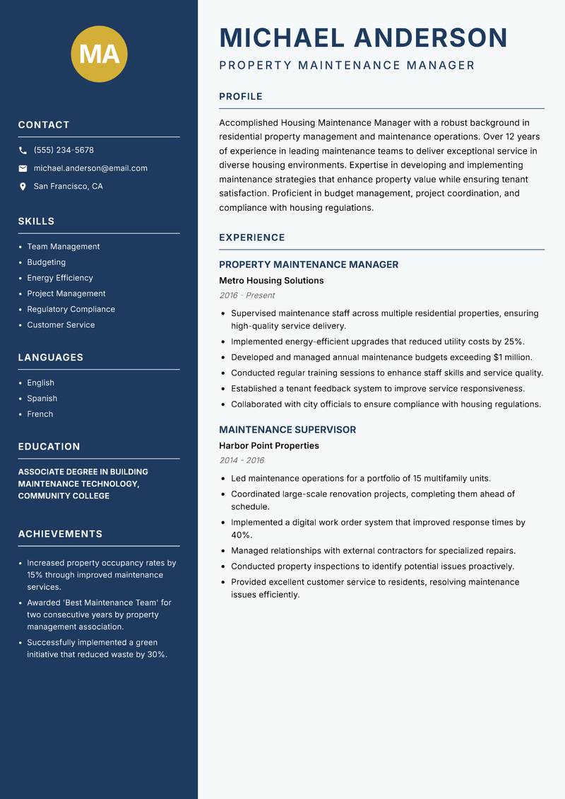 Housing Maintenance Manager resume template — Classic Clean