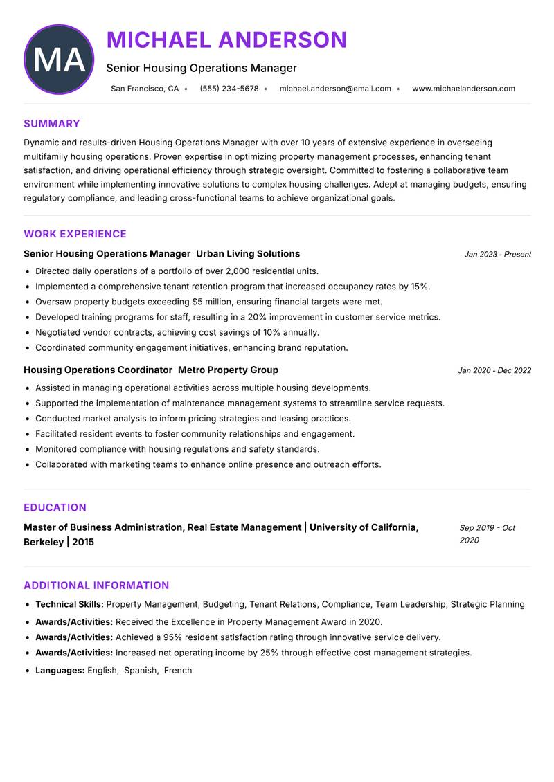 Housing Operations Manager resume example — ATS-friendly template