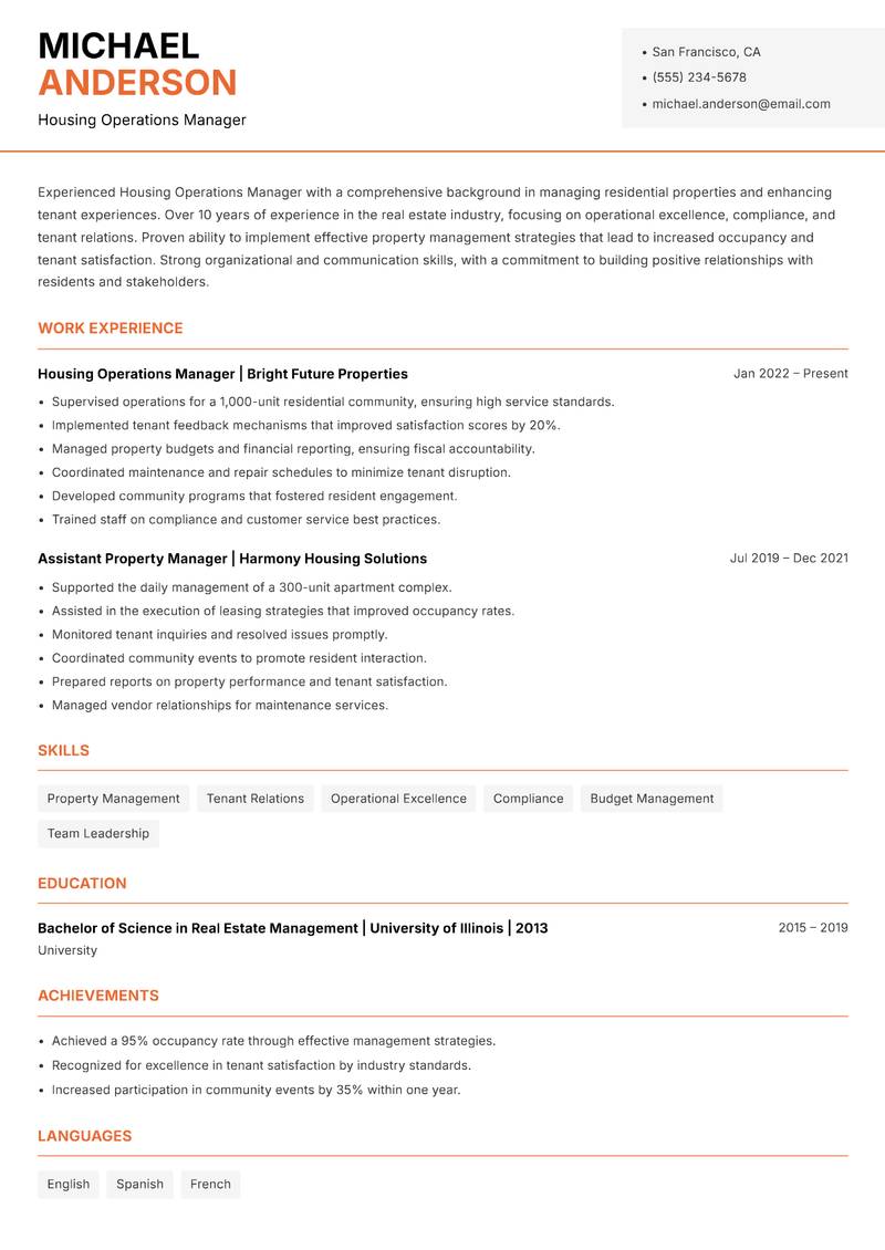 Housing Operations Manager resume template — Modern Professional
