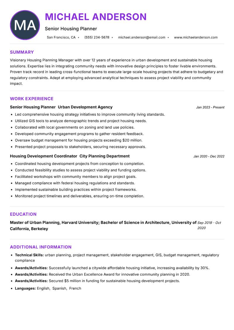 Housing Planning Manager resume example — ATS-friendly template