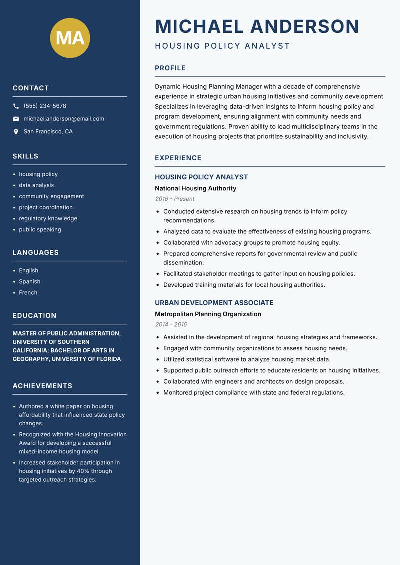 Housing Planning Manager resume template — Classic Clean