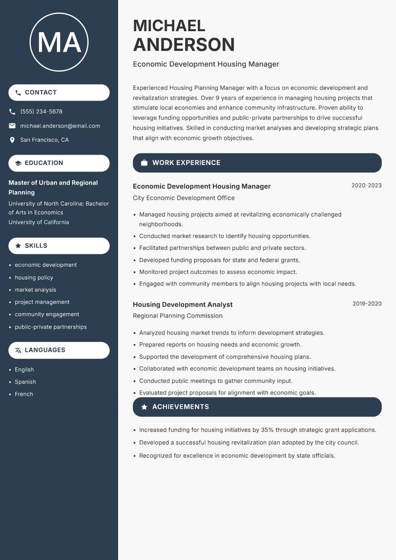 Housing Planning Manager resume template — Compact