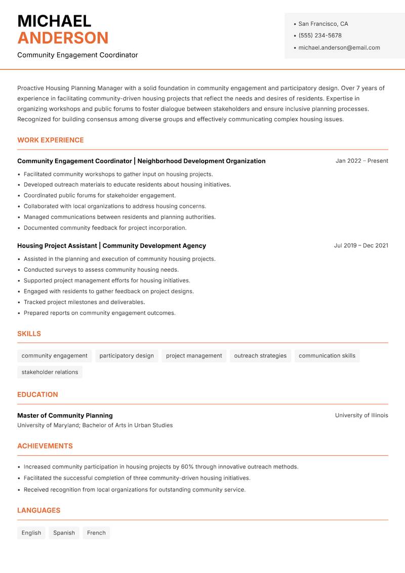 Housing Planning Manager resume template — Modern Professional