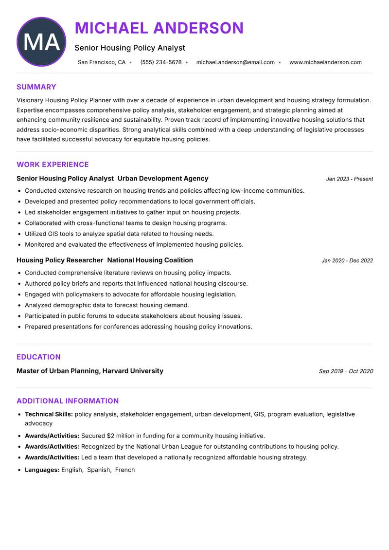 Housing Policy Planner resume example — ATS-friendly template