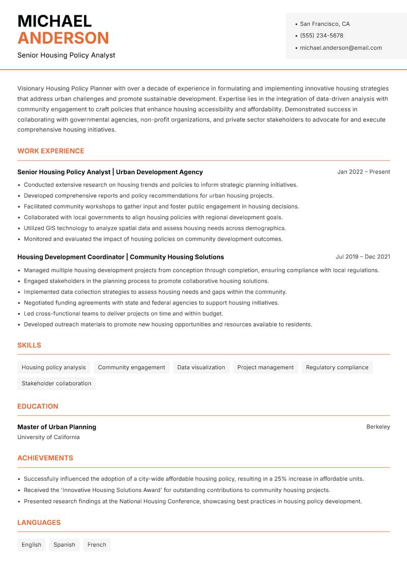 Housing Policy Planner resume template — Modern Professional