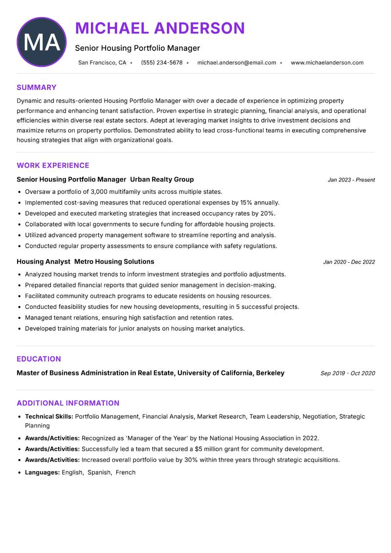 Housing Portfolio Manager resume example — ATS-friendly template