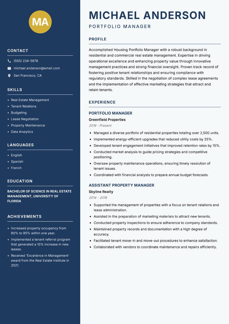 Housing Portfolio Manager resume template — Classic Clean
