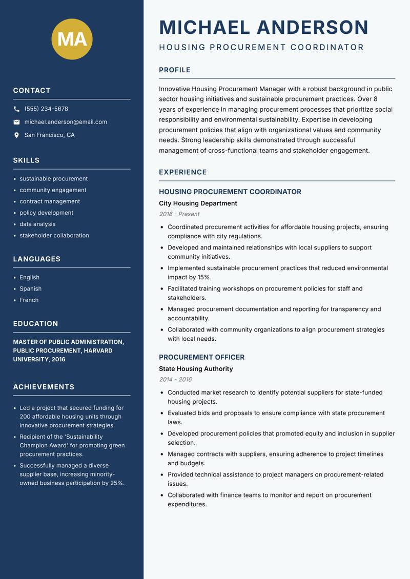 Housing Procurement Manager resume template — Classic Clean