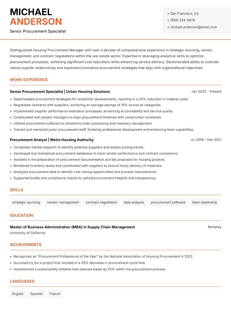 Housing Procurement Manager resume template — Modern Professional
