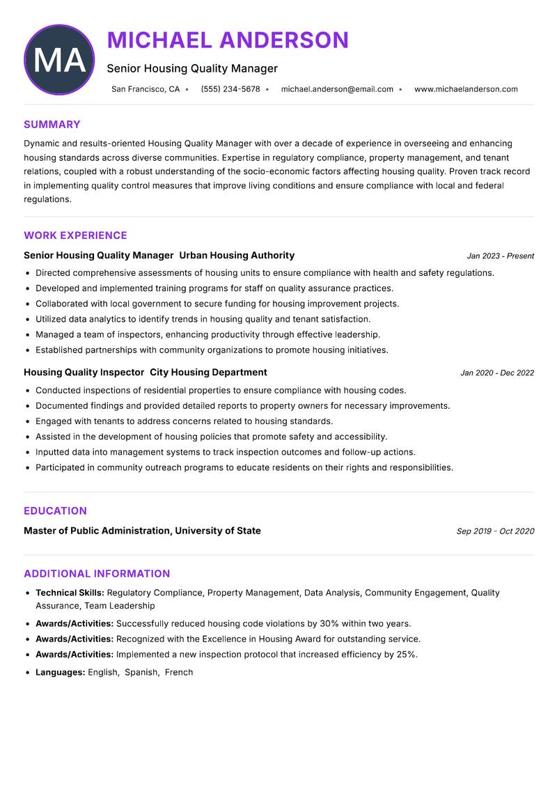 Housing Quality Manager resume example — ATS-friendly template
