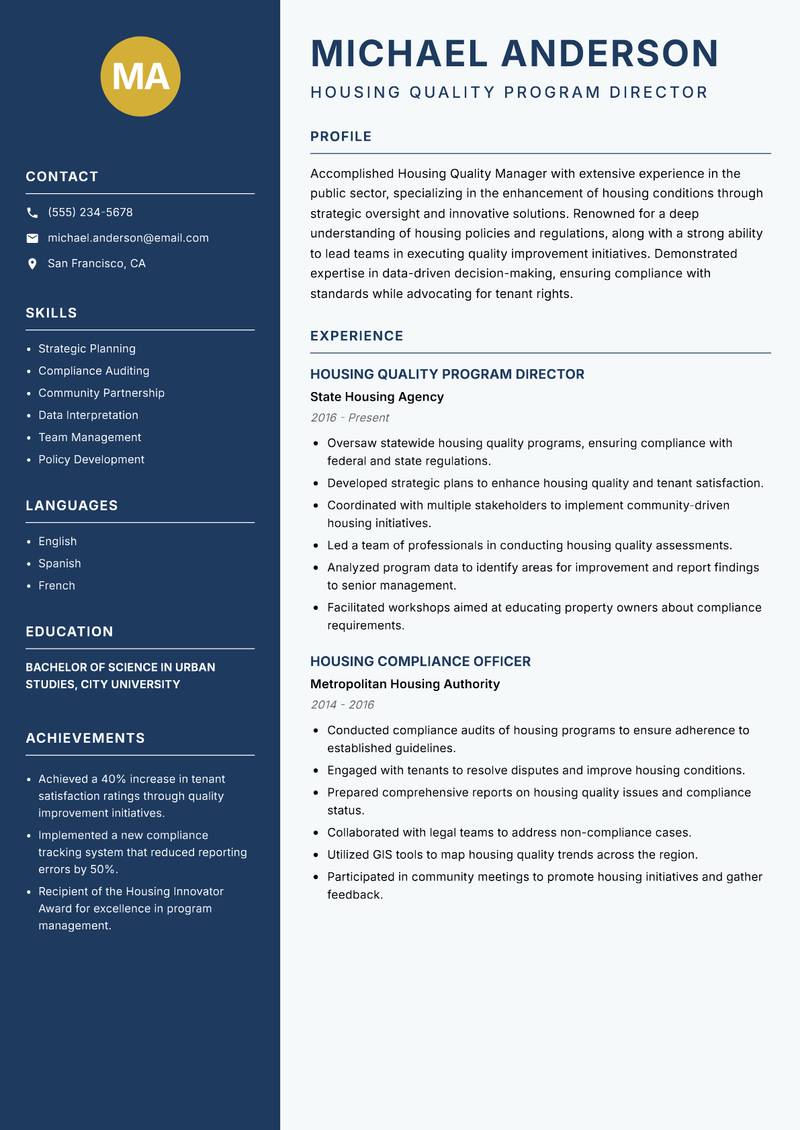 Housing Quality Manager resume template — Classic Clean