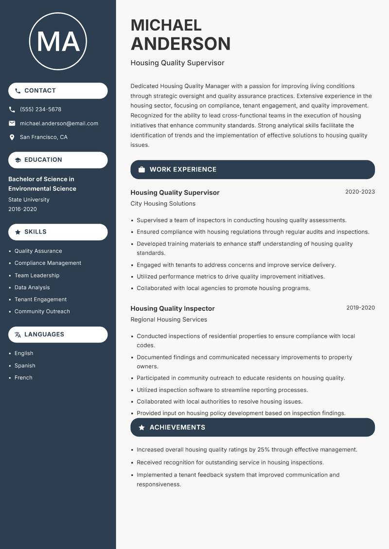 Housing Quality Manager resume template — Compact