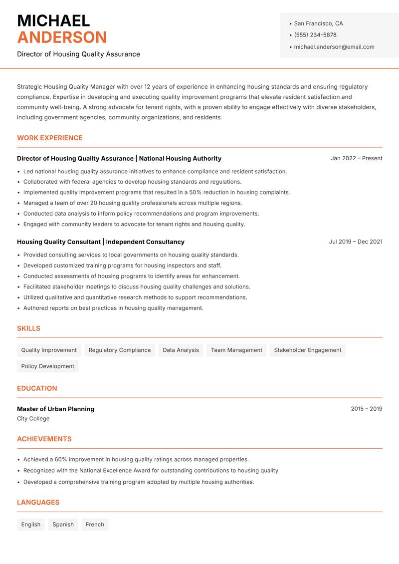 Housing Quality Manager resume template — Modern Professional