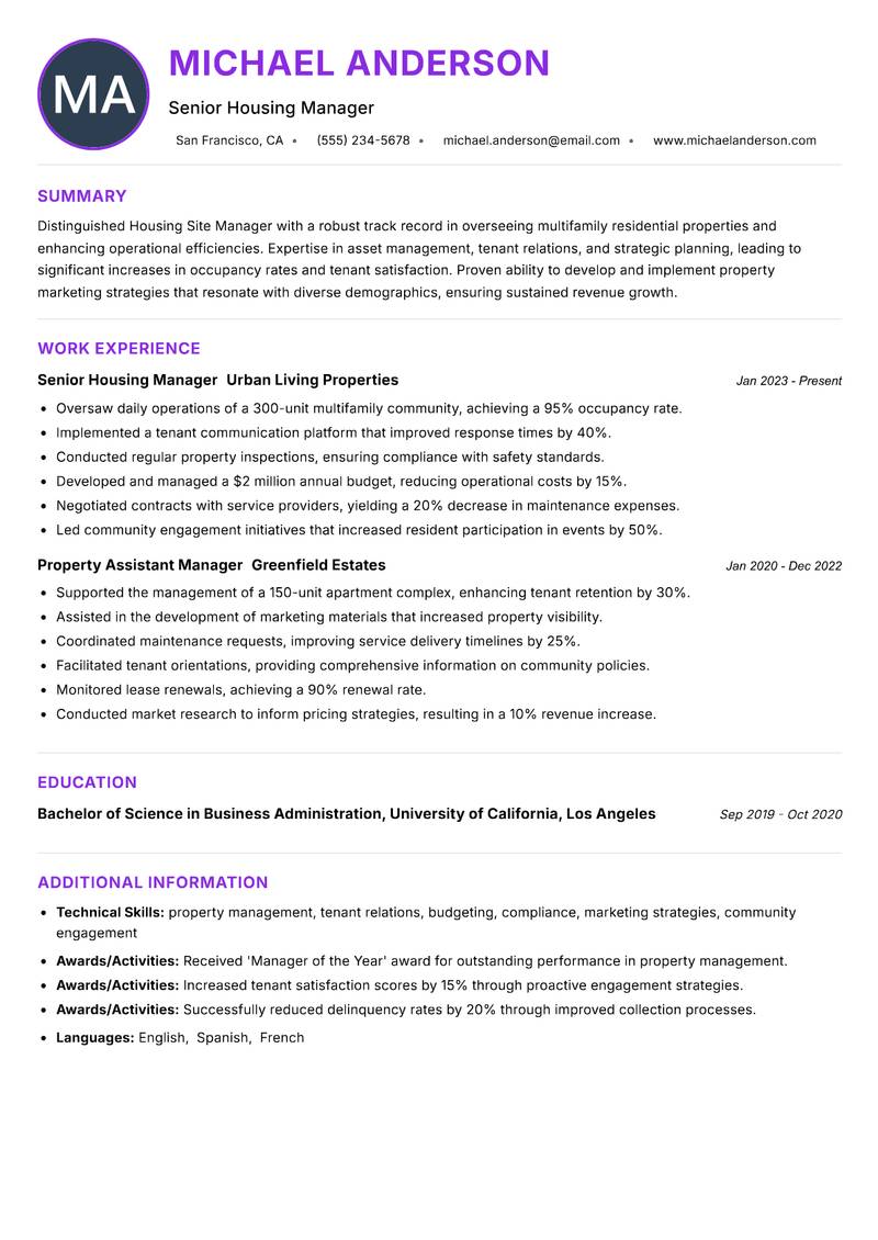 Housing Site Manager resume example — ATS-friendly template