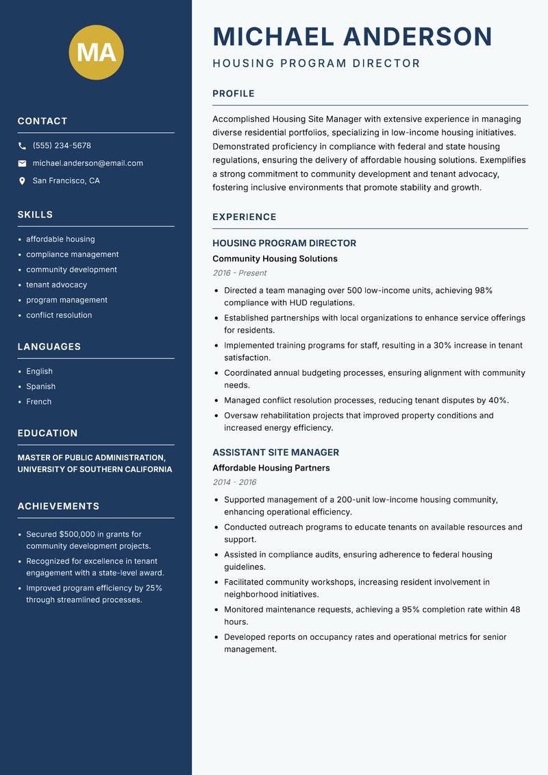 Housing Site Manager resume template — Classic Clean