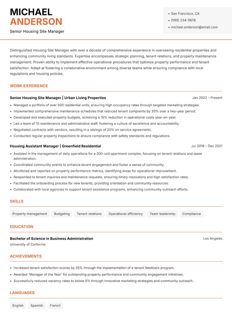 Housing Site Manager resume template — Modern Professional
