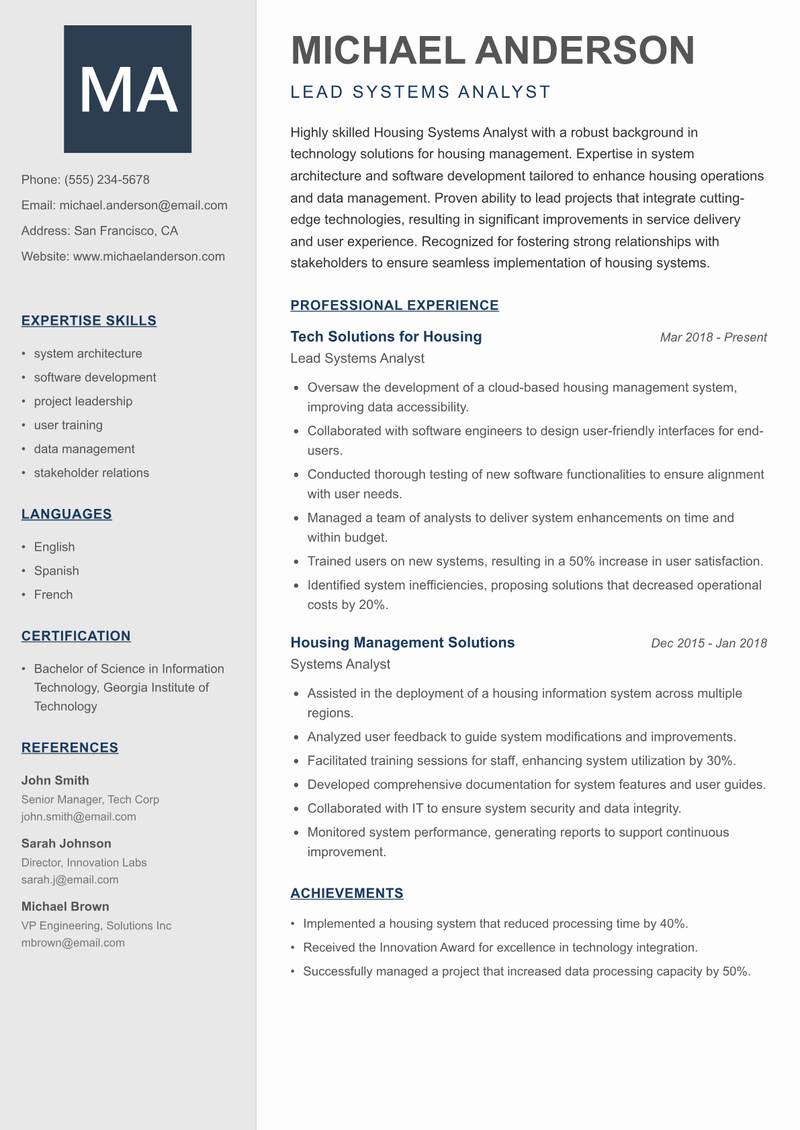 Housing Systems Analyst resume template — Creative Minimal