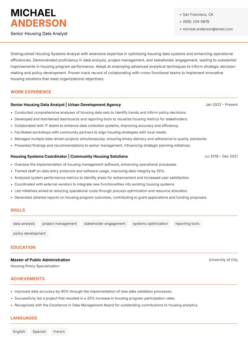 Housing Systems Analyst resume template — Modern Professional
