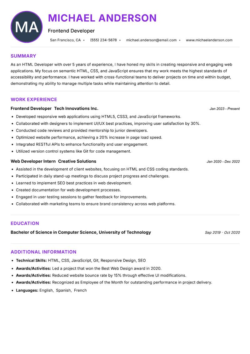 HTML Developer resume example — ATS-friendly template