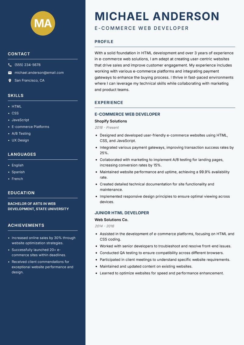 HTML Developer resume template — Classic Clean