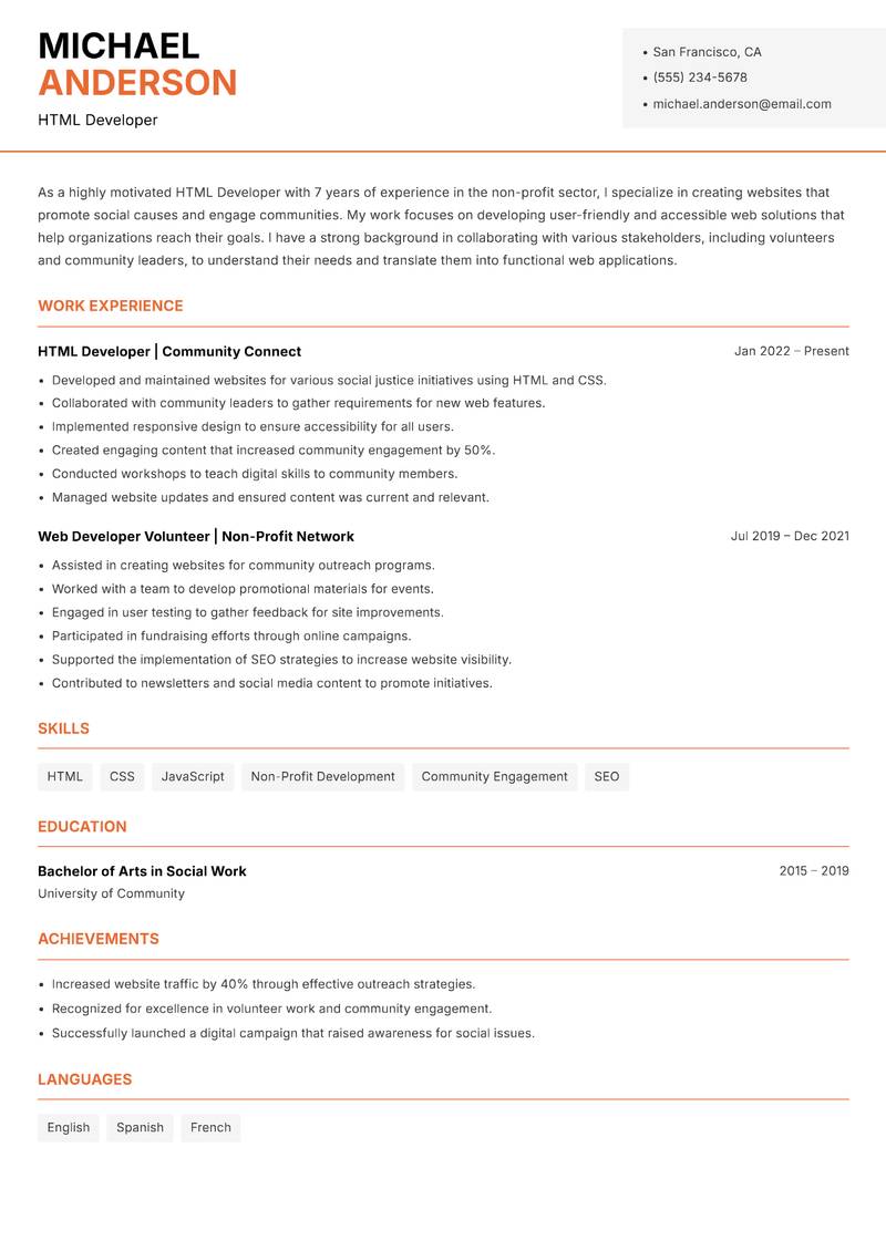 HTML Developer resume template — Modern Professional