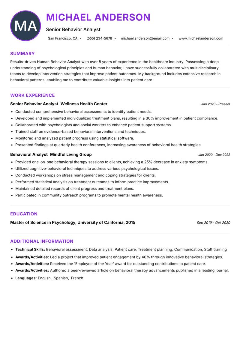 Human Behavior Analyst resume example — ATS-friendly template