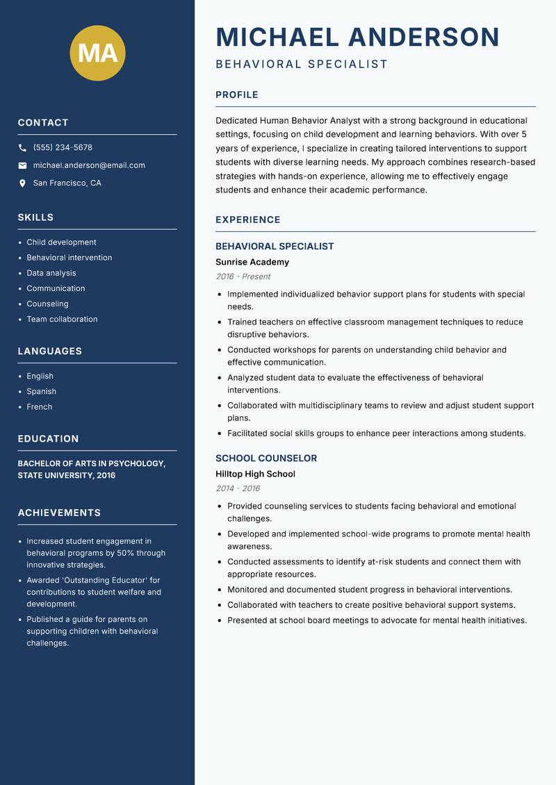 Human Behavior Analyst resume template — Classic Clean