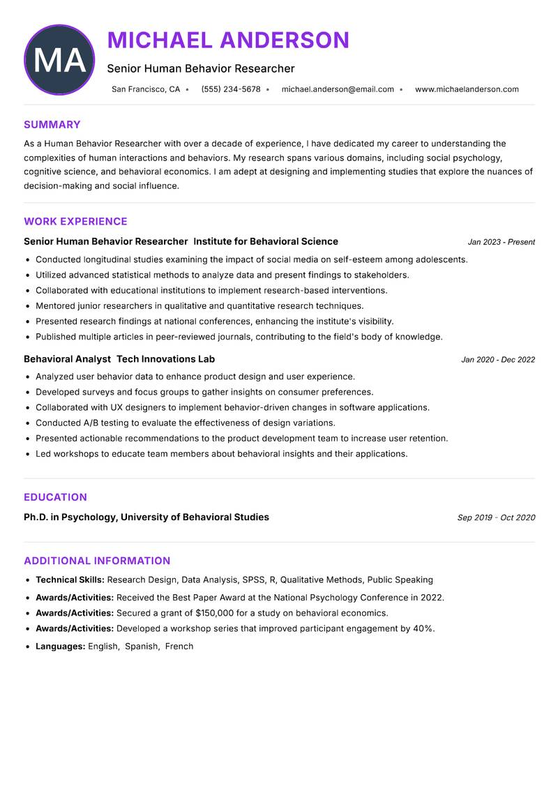 Human Behavior Researcher resume example — ATS-friendly template