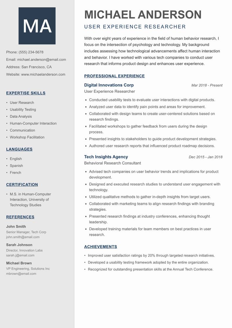 Human Behavior Researcher resume template — Creative Minimal