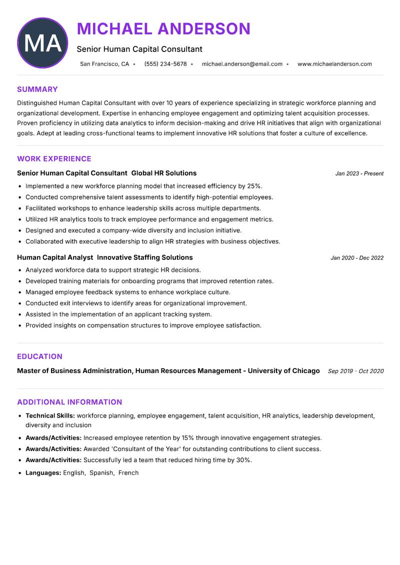 Human Capital Consultant resume example — ATS-friendly template
