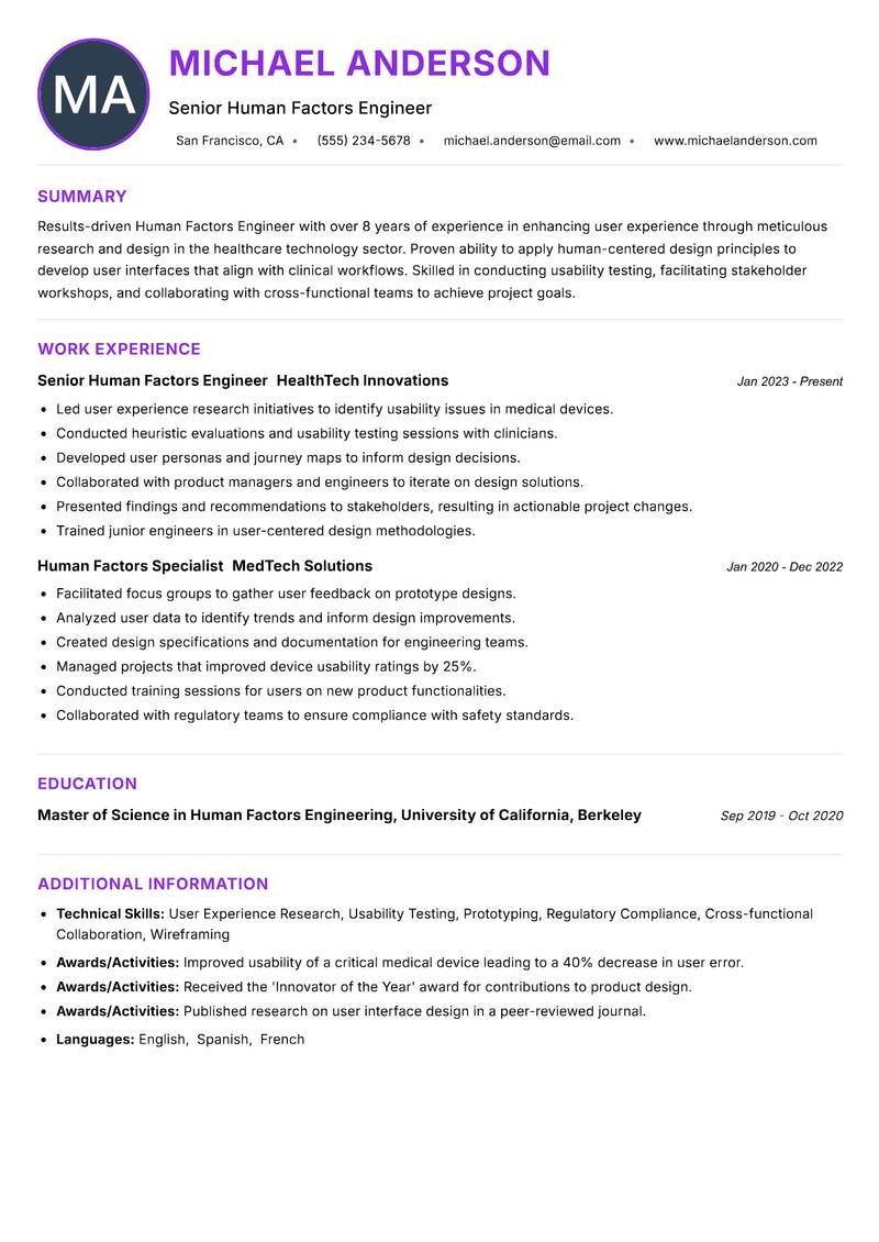 Human Factors Engineer resume example — ATS-friendly template