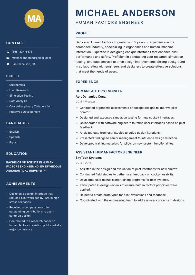 Human Factors Engineer resume template — Classic Clean