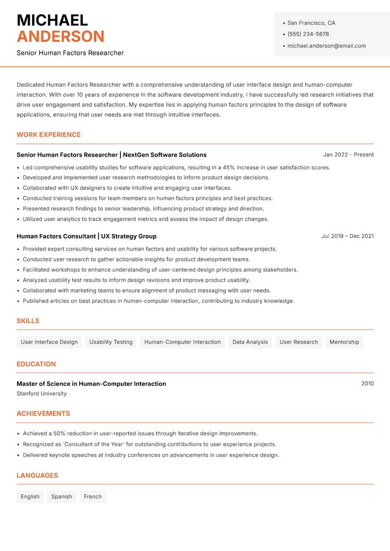 Human Factors Researcher resume template — Modern Professional
