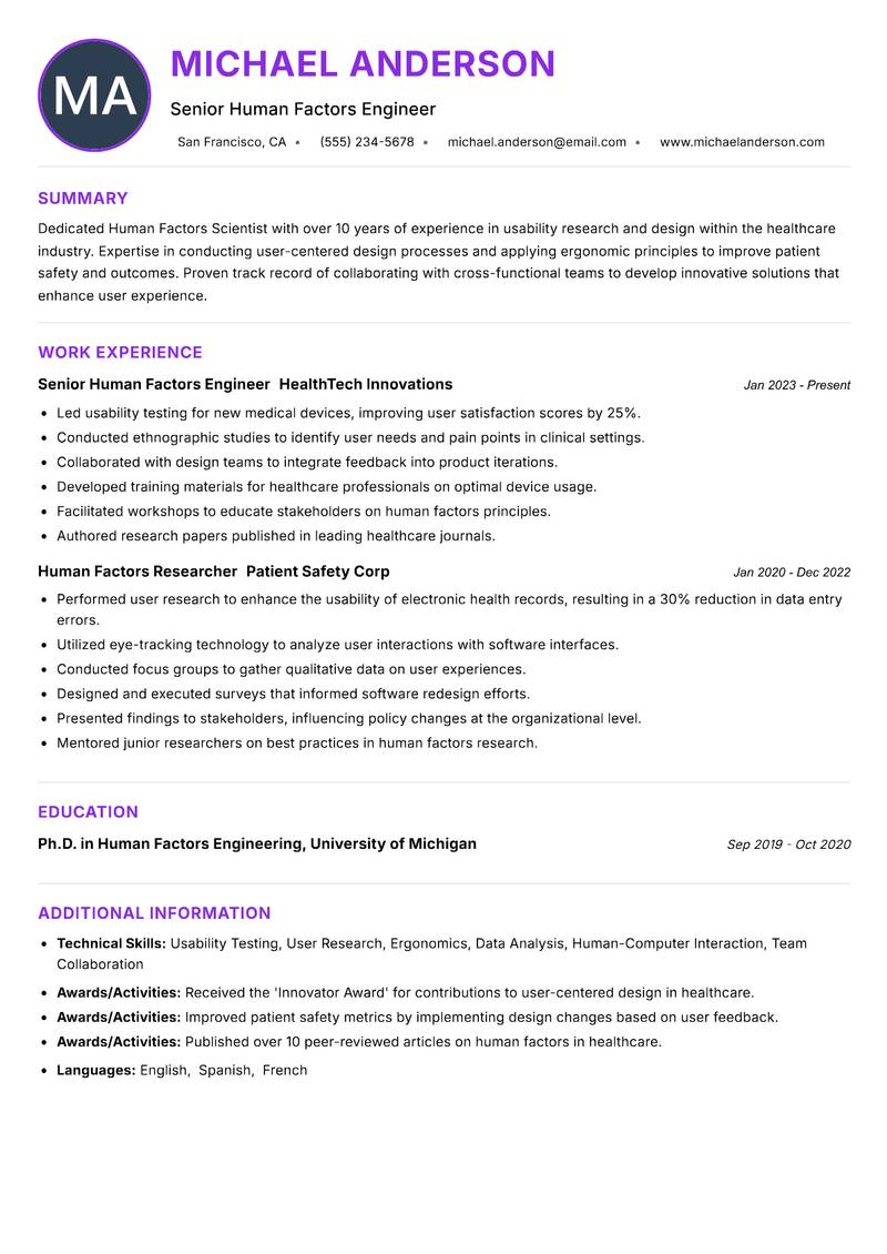 Human Factors Scientist resume example — ATS-friendly template