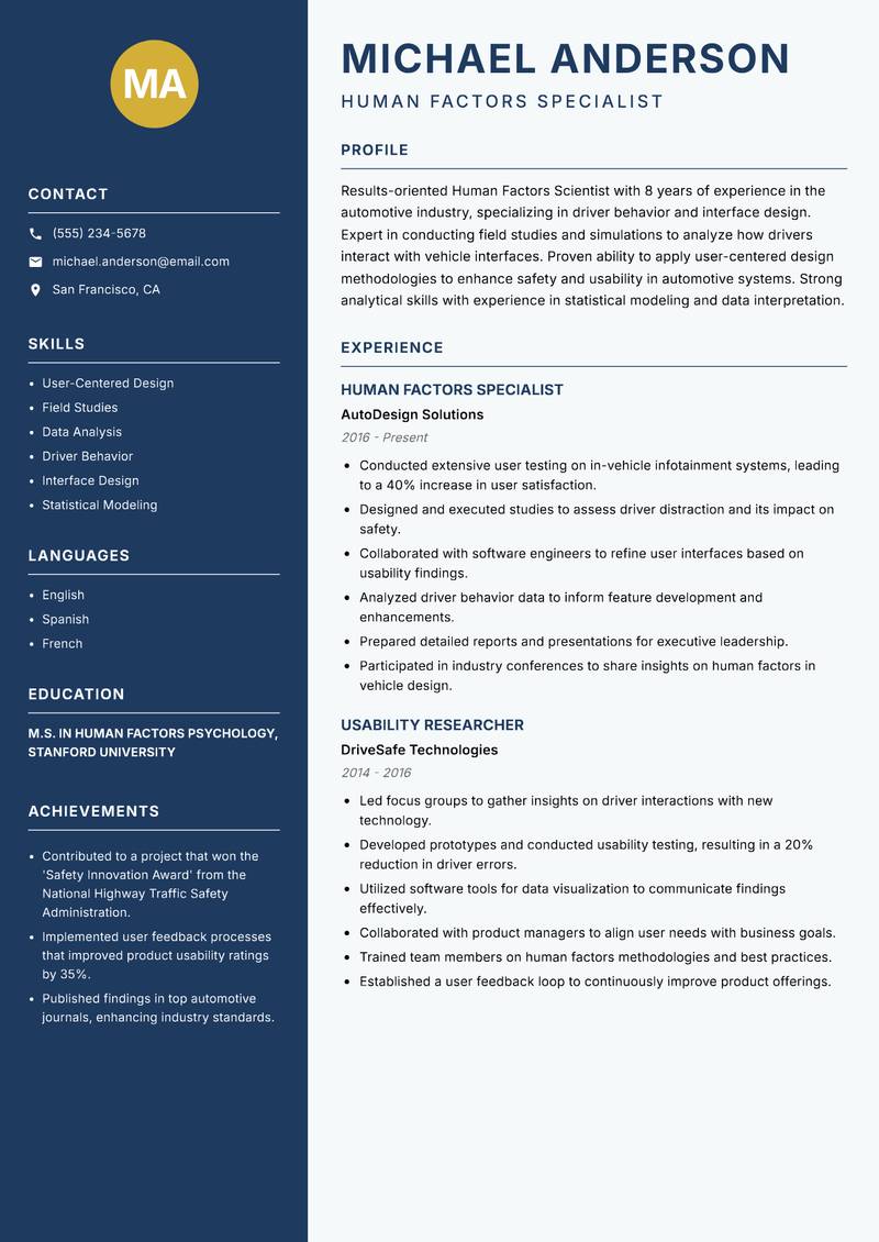Human Factors Scientist resume template — Classic Clean