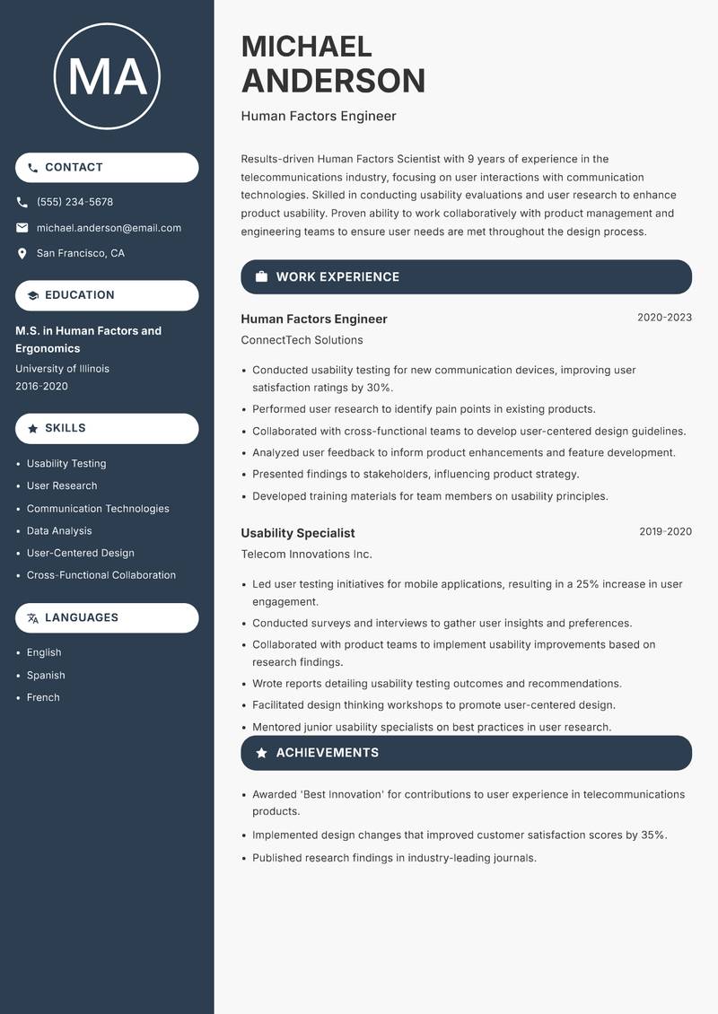Human Factors Scientist resume template — Compact