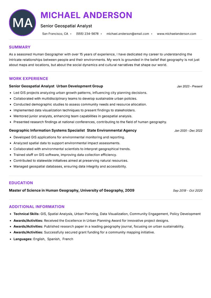 Human Geographer resume example — ATS-friendly template