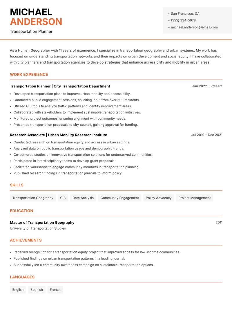 Human Geographer resume template — Modern Professional
