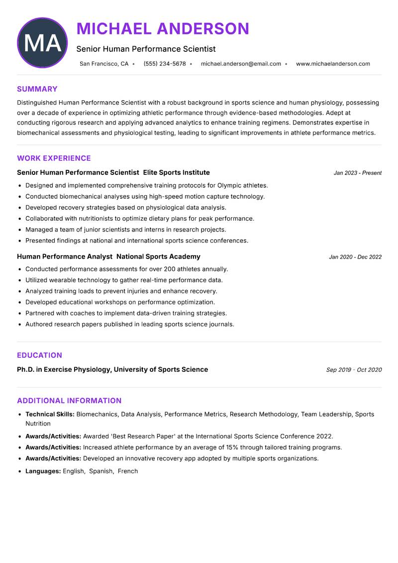 Human Performance Scientist resume example — ATS-friendly template