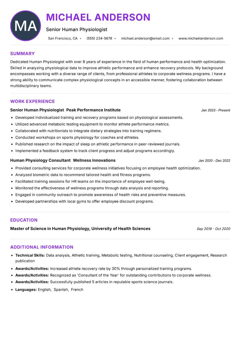 Human Physiologist resume example — ATS-friendly template