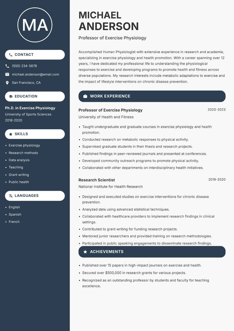Human Physiologist resume template — Compact