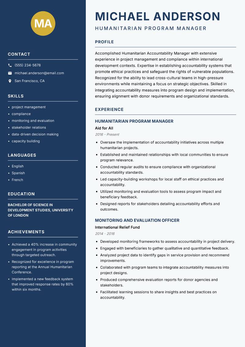 Humanitarian Accountability Manager resume template — Classic Clean