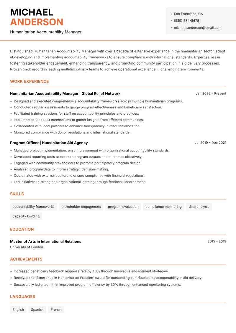 Humanitarian Accountability Manager resume template — Modern Professional