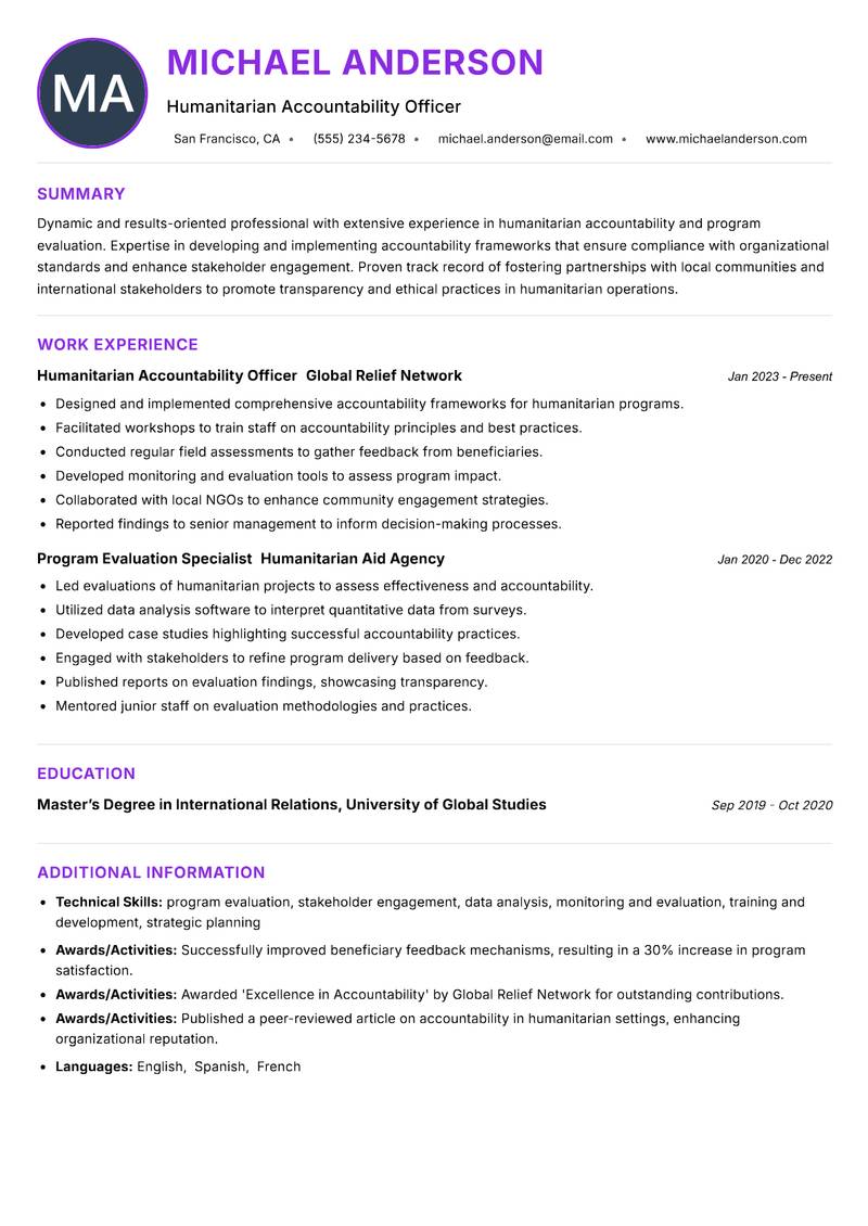 Humanitarian Accountability Officer resume example — ATS-friendly template