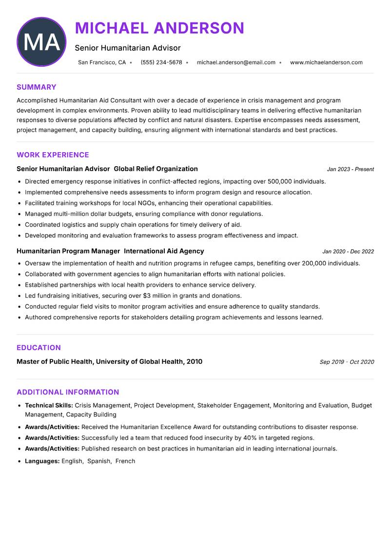 Humanitarian Aid Consultant resume example — ATS-friendly template