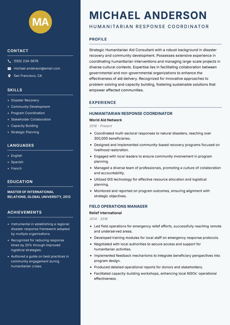 Humanitarian Aid Consultant resume template — Classic Clean