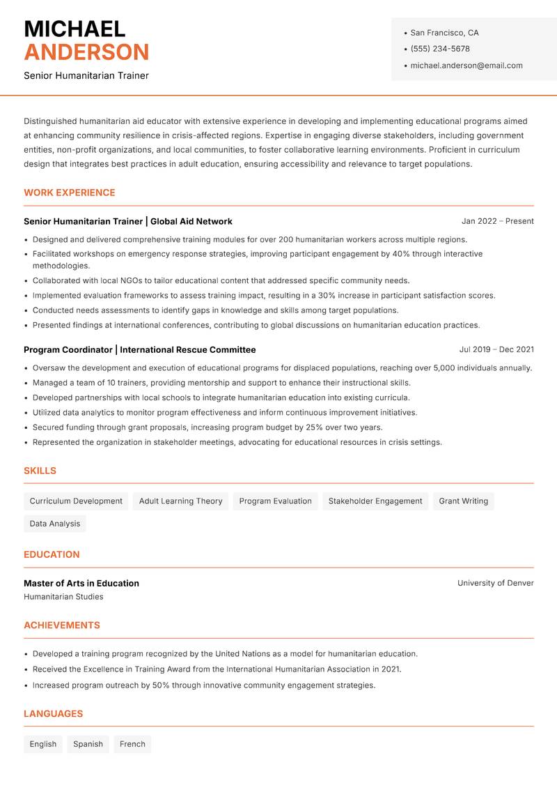 Humanitarian Aid Educator resume template — Modern Professional