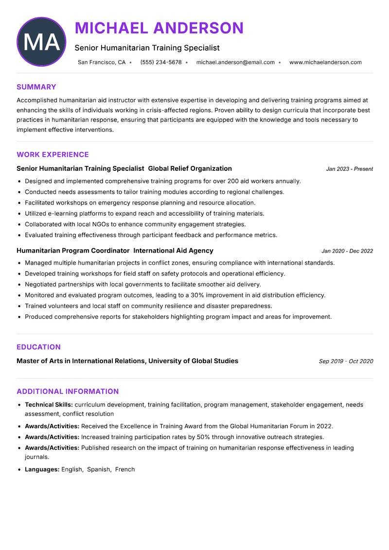 Humanitarian Aid Instructor resume example — ATS-friendly template